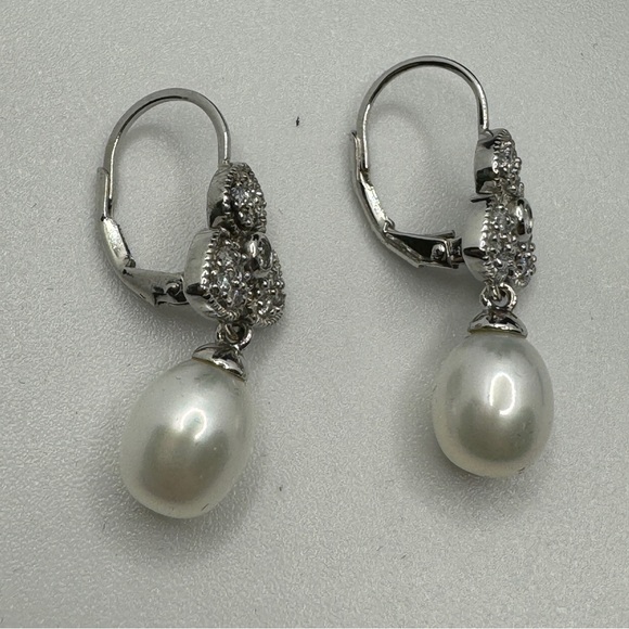 Esposito Diamonique Sterling Silver Cultured Pearl Earrings Dangle CZ Flower - Picture 4 of 8